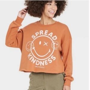 Smiley World Spread Kindness Rust Ora Cropped Pullover Sweatshirt Size L